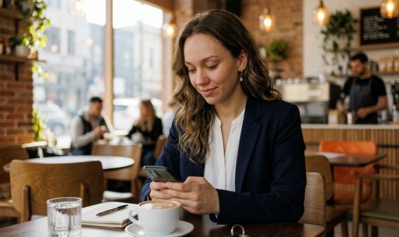 Woman in cafe reading phone screen