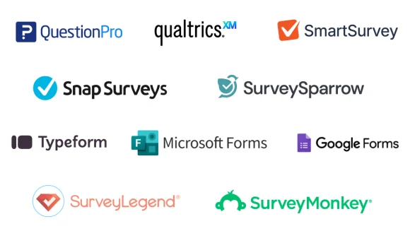 Logos: SurveyLegend, Snap Surveys (Snap XMP), MS Forms, Google Forms, Qualtrics, SurveyMonkey, SurveySparrow, SmartSurvey, QuestionPro, TypeForm