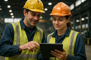 Factory workers wearing hi-viz taking CAPI survey with tablet