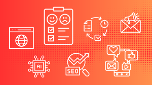 Graphic showing essential digital tools for small businesses as icons: web presence, email marketing, visual content creation, SEO, social media, paid advertising, survey software, accounting and payroll, CRM, project management, and AI tools, representing customer acquisition, business operations, and growth.