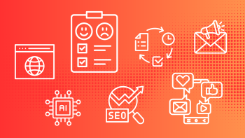 Graphic showing essential digital tools for small businesses as icons: web presence, email marketing, visual content creation, SEO, social media, paid advertising, survey software, accounting and payroll, CRM, project management, and AI tools, representing customer acquisition, business operations, and growth.