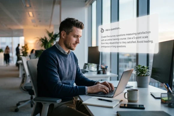 professional man working in modern office at desk on laptop near window typing a command to create a survey into AI