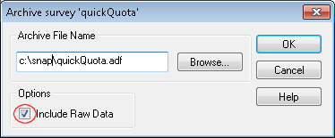 Archive survey dialog with raw data check box highlighted