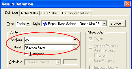 Results Definition - Break - select Stats table