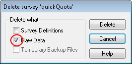 Delete survey dialog: raw data selected and highlighted
