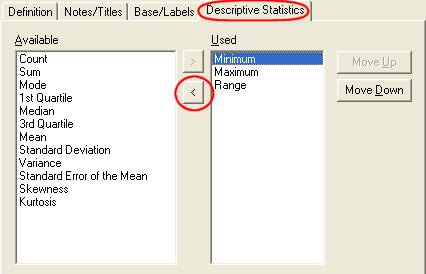 Results Definition - Descriptive Stats tab