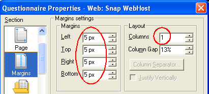 QP: margins properties showing SWH with reduced margins and one column