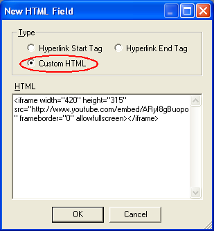 New html dialog with "custom HTML" highlighted and YouTube link