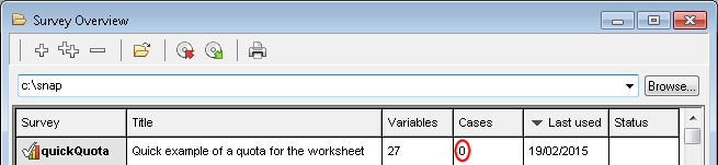 SOW survey overview window showing single survey with 0 cases