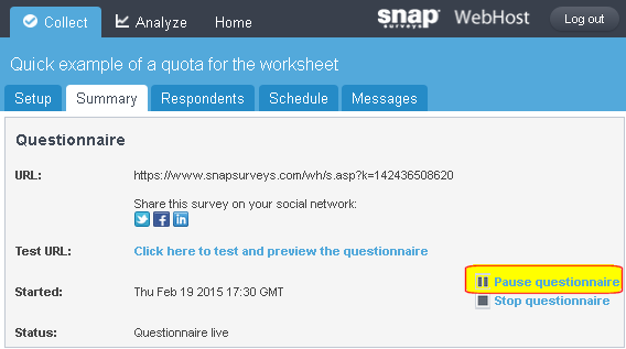 SO: summary showing pause questionnaire highlighted