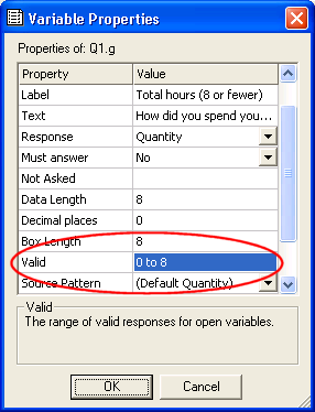 VP: variable properties showing valid set to 0 to 8