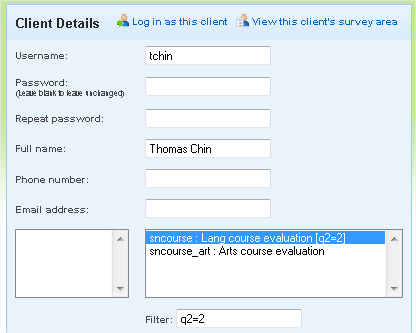 Survey with client filter visible in client edit