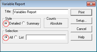 Variables report print window with detailed highlighted