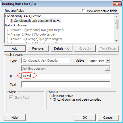 Routing rules dialog showing if q1=1
