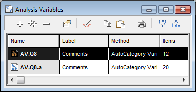 Analysis variables window showing automatic coding variable