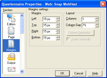 Margins properties Snap WebHost 1 column