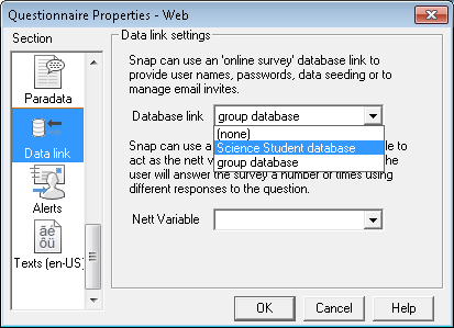 Questionnaire properties dialog showing selecting a database link