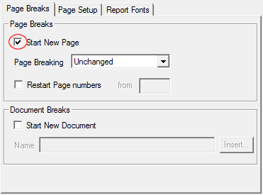 Printer layout dialog with start new document highlighted