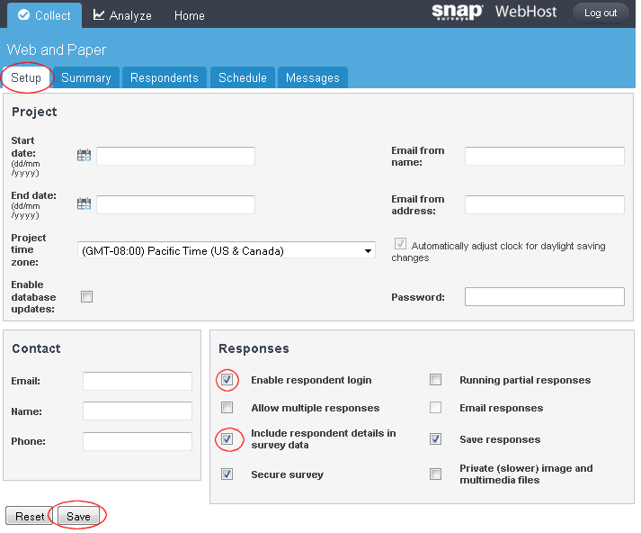 SWH: setup tab showing include respondent details