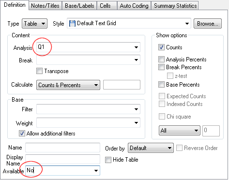 Results definition dialog: definition tab