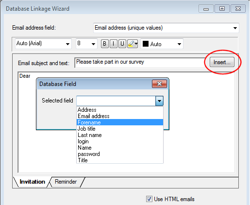 Database linkage wizard forename insert