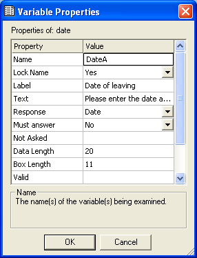 Variables properties with Name dateA
