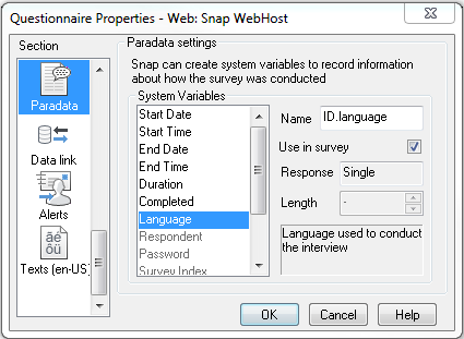 Questionnaire Properties | Select language | Use in Survey