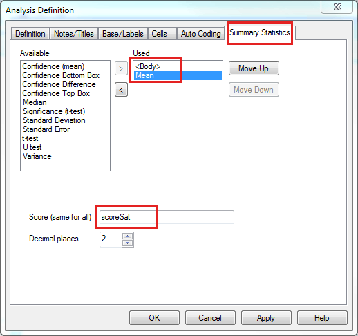 Analysis definition summary stats