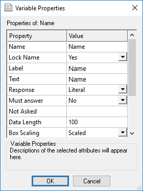 Variable properties dialogue - name selected