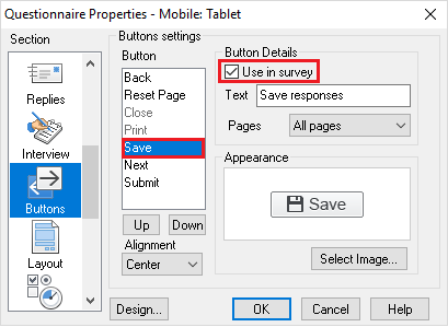 Save option in Questionnaire Properties