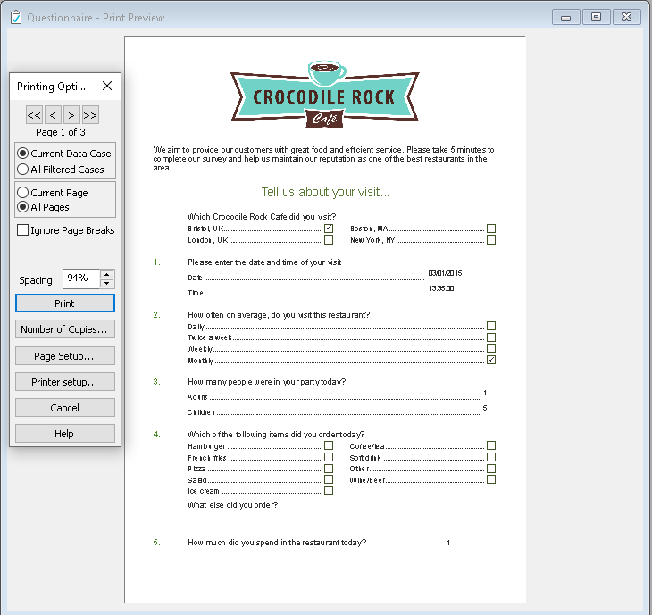 Printing response data with the questionnaire | SnapSurveys