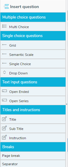 Insert question menu showing the available questions