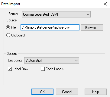 Data import dialog used to import data from a file