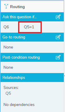 Routing side menu showing the routing applied to the selected question