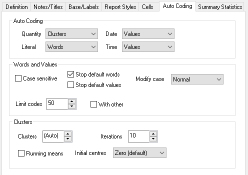 Auto coding tab in the Analysis definition dialog