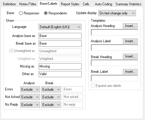 Base and Labels tab in the Analysis definition dialog