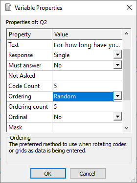 Variable properties dialog showing ordering