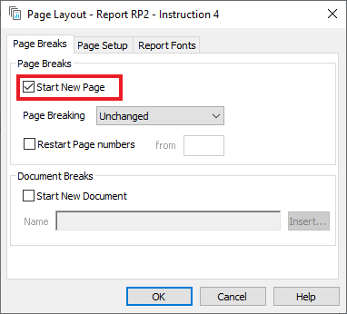 Start a new page in a report