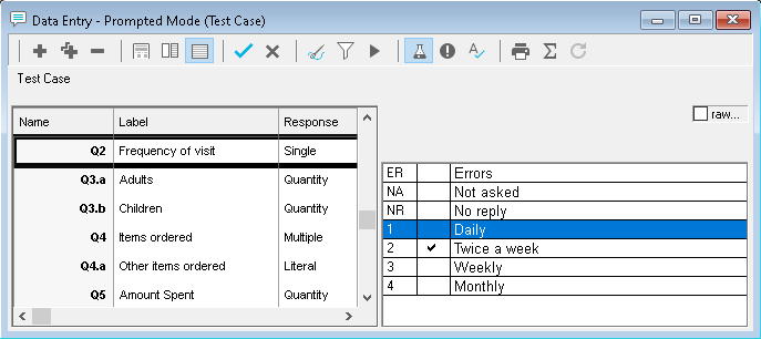 Entering a test case in the Data Entry window