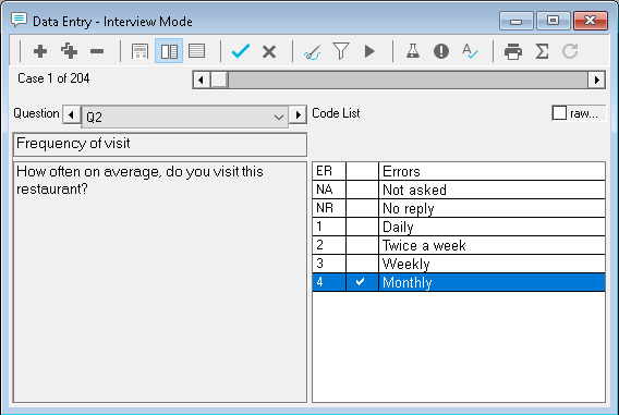 Using the Data Entry window to view the survey responses in Interview mode