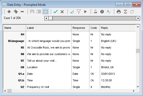 Using the Data Entry window to view the survey responses in Prompted mode