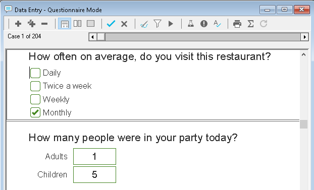 Using the Data Entry window to view the survey responses in Questionnaire mode