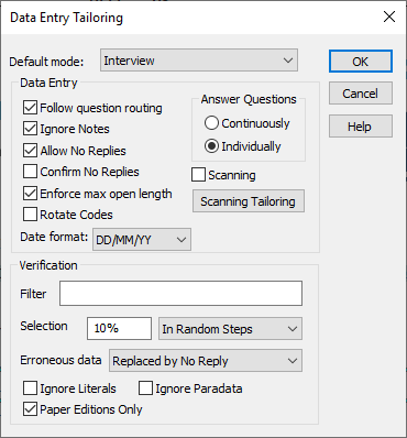 Default options for data entry