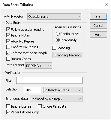 Enter the default options for data entry