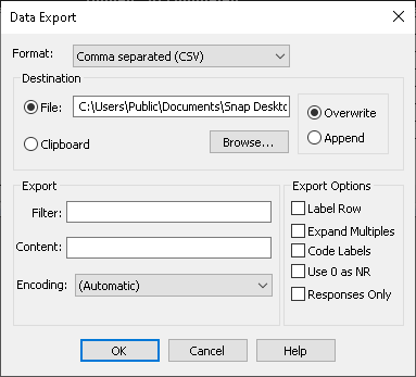 Data Export dialog used to export data responses to a file