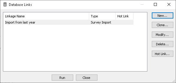 Database links dialog showing a survey import link