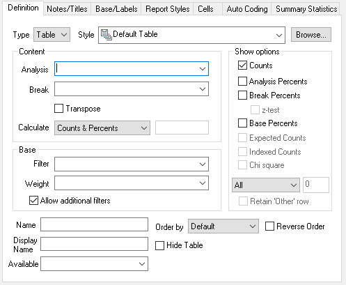 Definition tab in the Analysis definition dialog