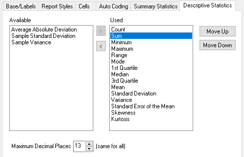 Descriptive Statistics tab in the Analysis definition dialog