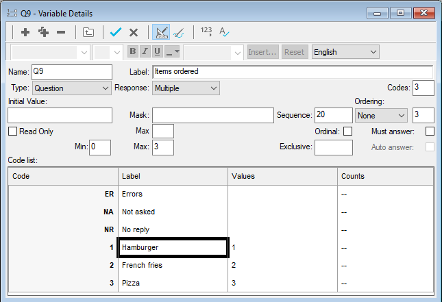 Selecting a code label in the Variable Details window