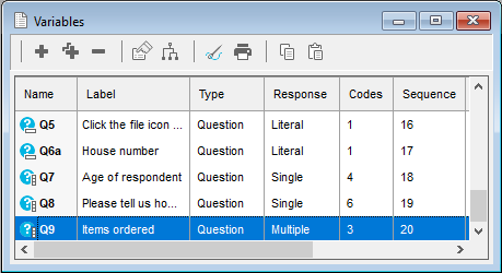 Variables window with Q9 selected